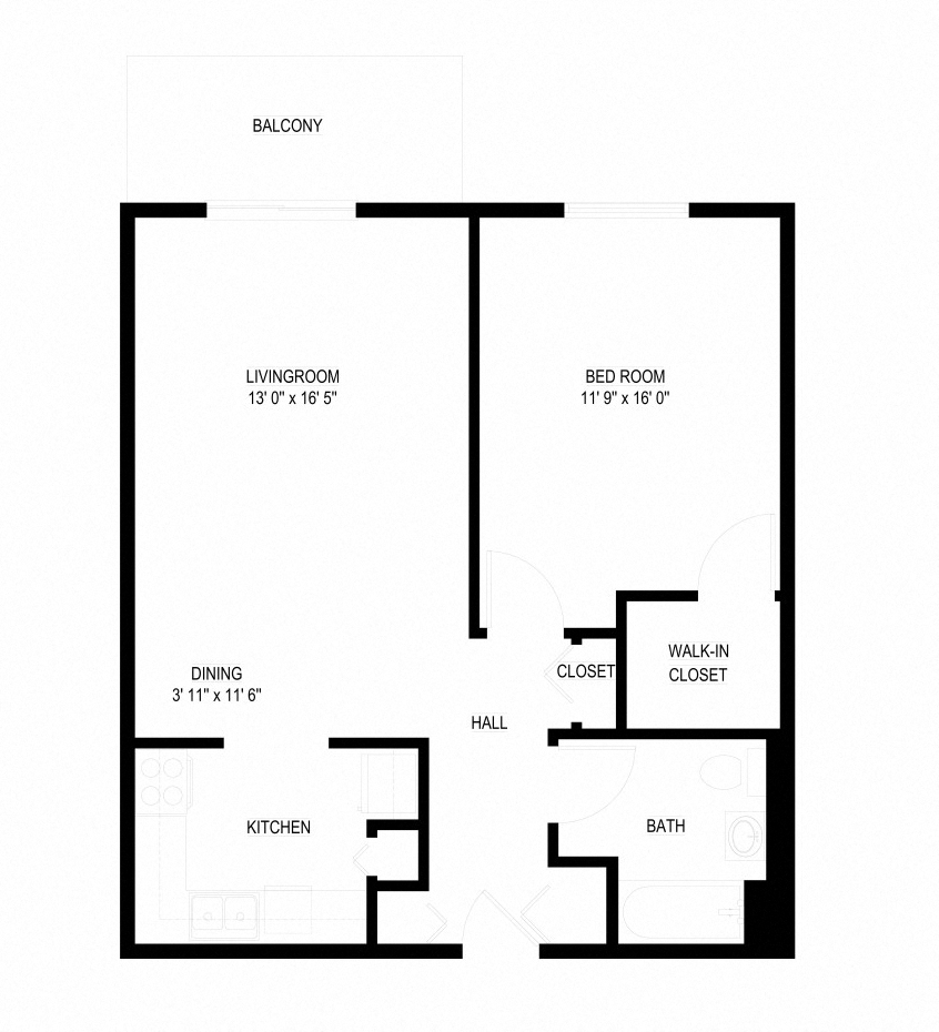 Floor plan for 1 bed, 1 bath, 710 sqft